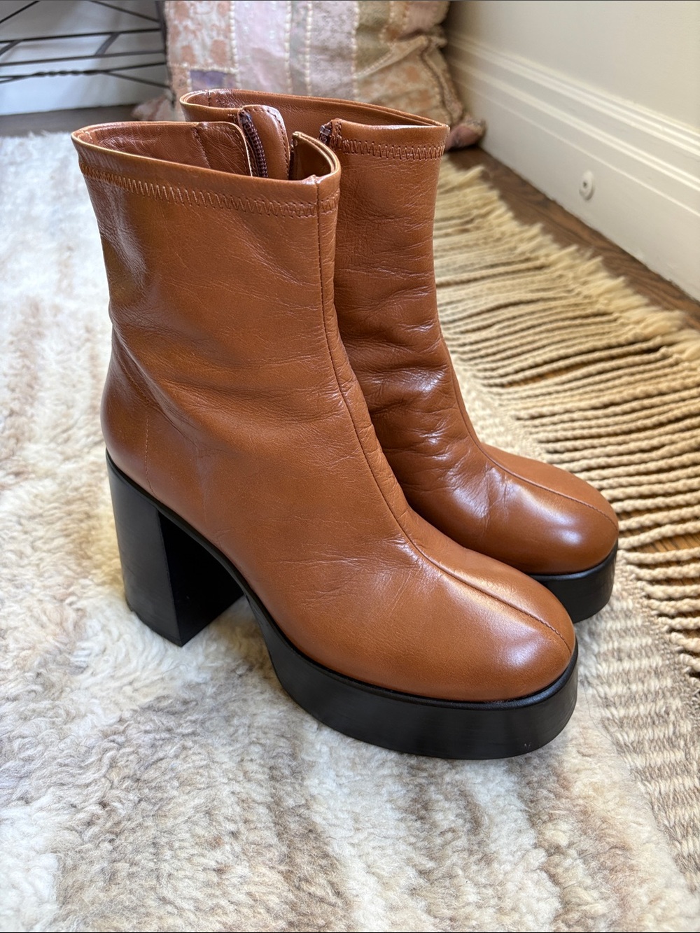 Zara Tan Leather Platform Block Heel Ankle Boots